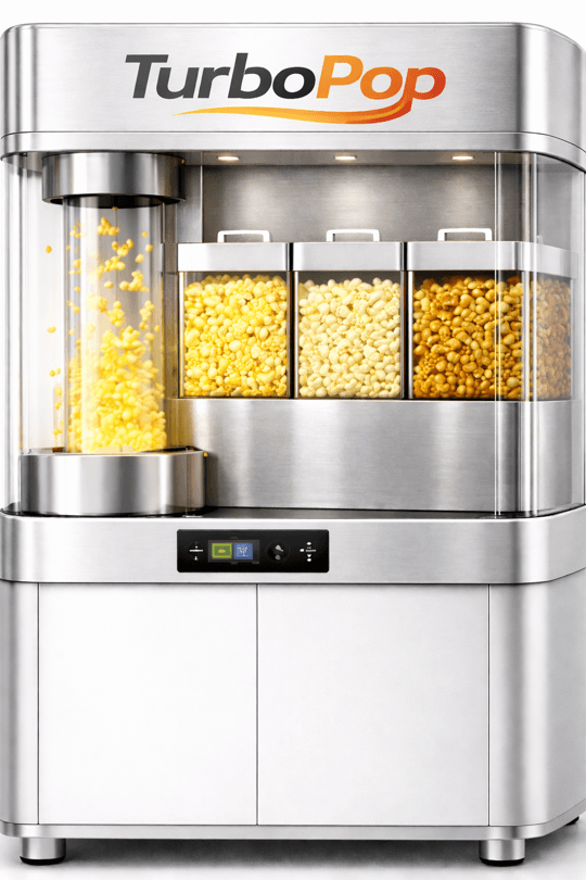 The TurboPop machine: a stainless steel unit with three flavour hoppers and a glass popping chamber