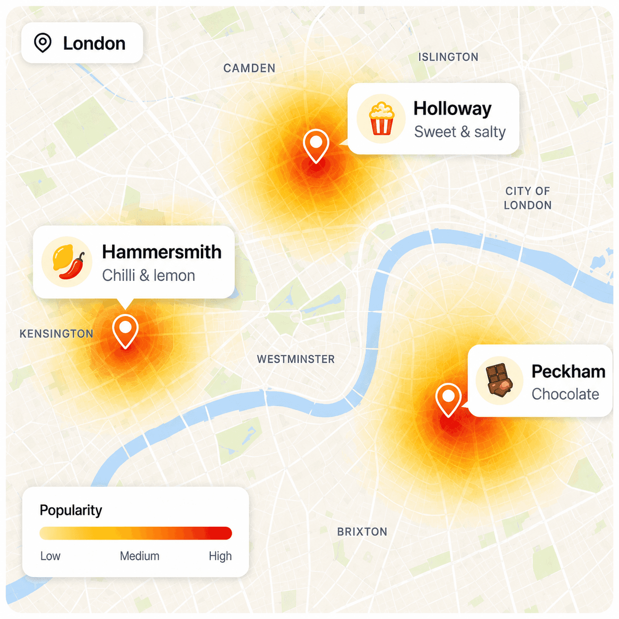 Illustrative map of London showing popular TurboPop flavours by area: chilli & lemon in Hammersmith, sweet & salty in Holloway and chocolate in Peckham